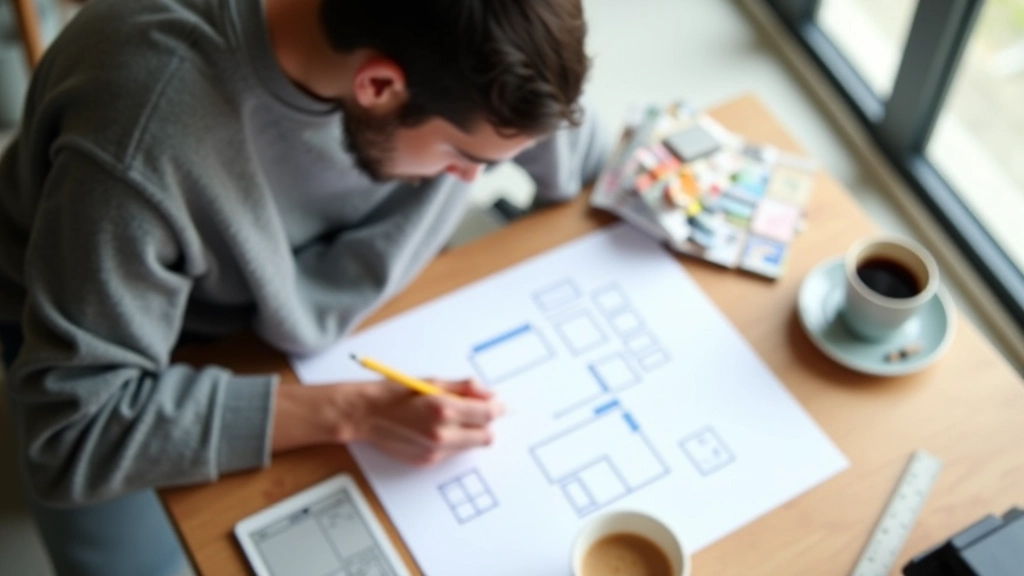 UX designer sketching wireframes and CSS selectors on paper with color markers in a creative studio