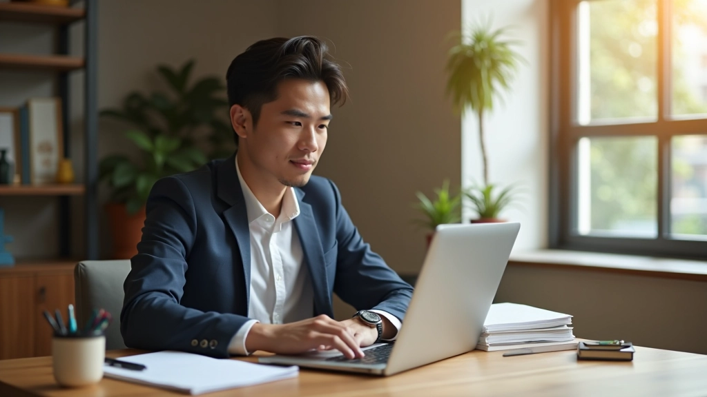 Person at desk with laptop showing HTML code on screen, notebook with web design sketches, warm office lighting