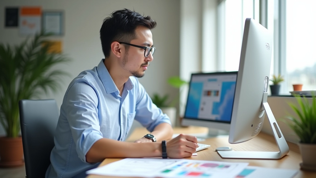 Modern workspace with designer working at wooden desk with multiple monitors, sketches, and design tools visible, bright natural lighting from window, professional creative environment