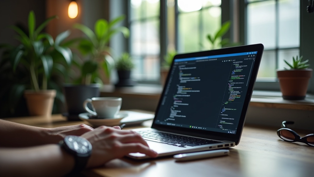 Designer reviewing code on laptop screen in creative workspace with coffee