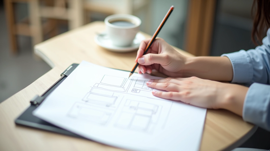 Designer sketching website layout wireframes on paper with pencil and ruler, coffee on the side