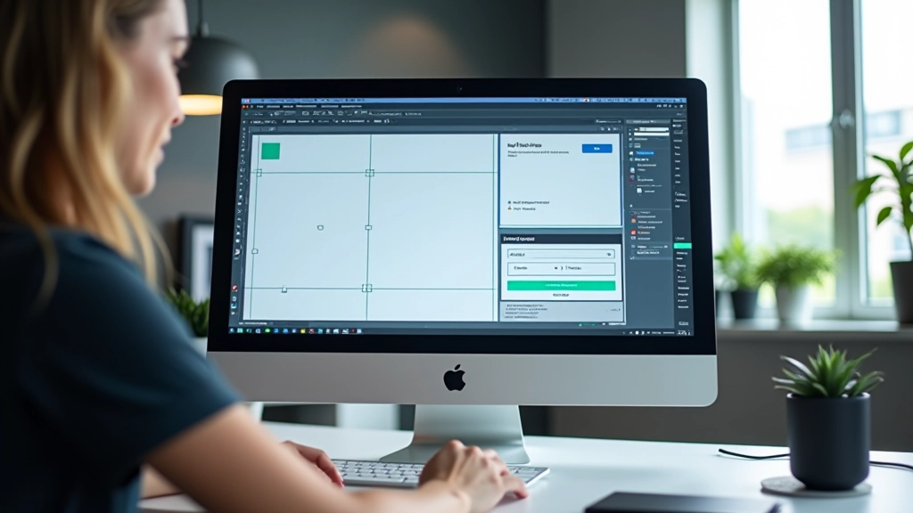 Desktop monitor showing website layout with flexible container highlighted, responsive grid visible