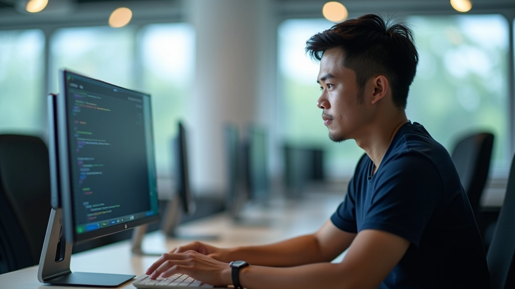 Developer pointing at code on dual monitors, explaining HTML attributes, modern office environment