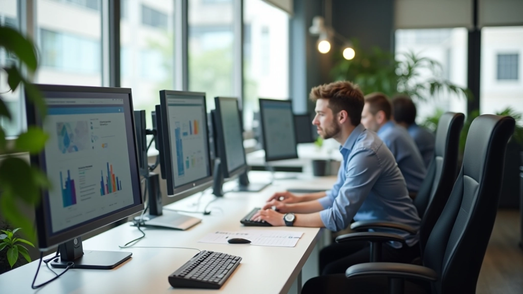 Modern web design studio workspace with computers and design tools