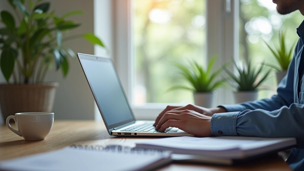 Person working at desk with laptop, notebook with HTML code notes, and coffee cup in bright workspace