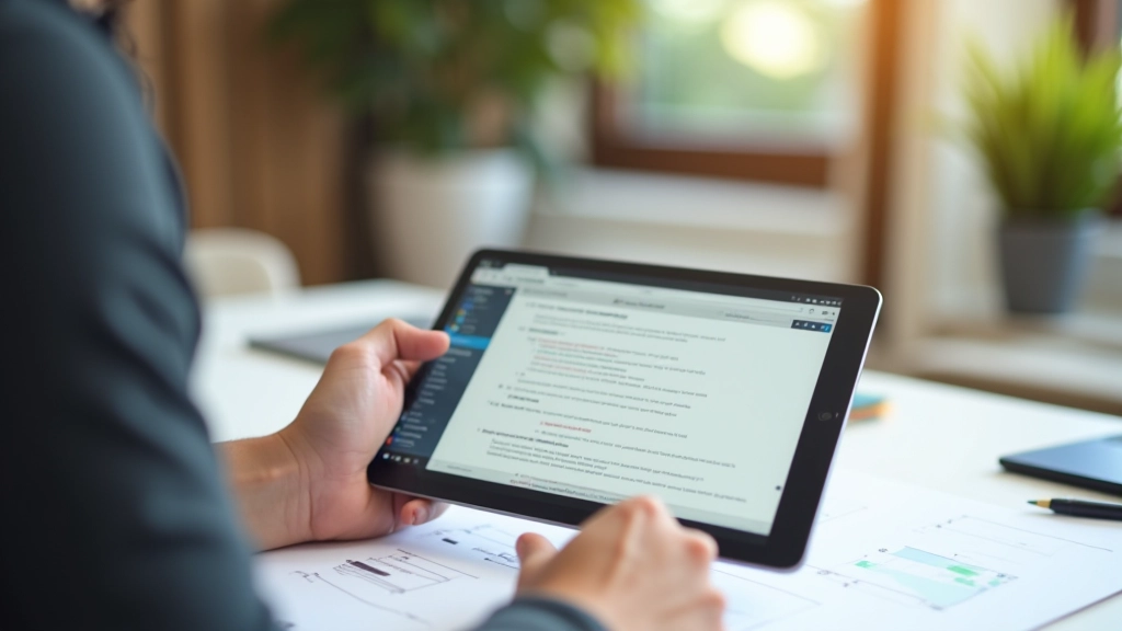 Tablet in landscape orientation showing two-column layout, designer working beside tablet with sketches