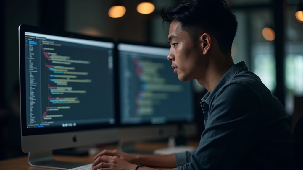 Web developer at desk with multiple monitors displaying CSS code and browser preview, modern office